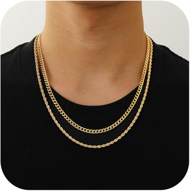 2Pcs Gold Plated Cuban Link/Rope/Herringbone Chains Cuban/Rope Chain Set - BigGreenBear.com jewelry 19.99 USD Big Green Bear