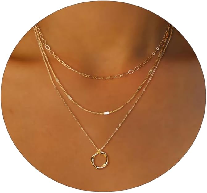 Women's Trendy Stackable 3Layered Necklaces Chain Bar Circle-Gold - BigGreenBear.com jewelry 24.30