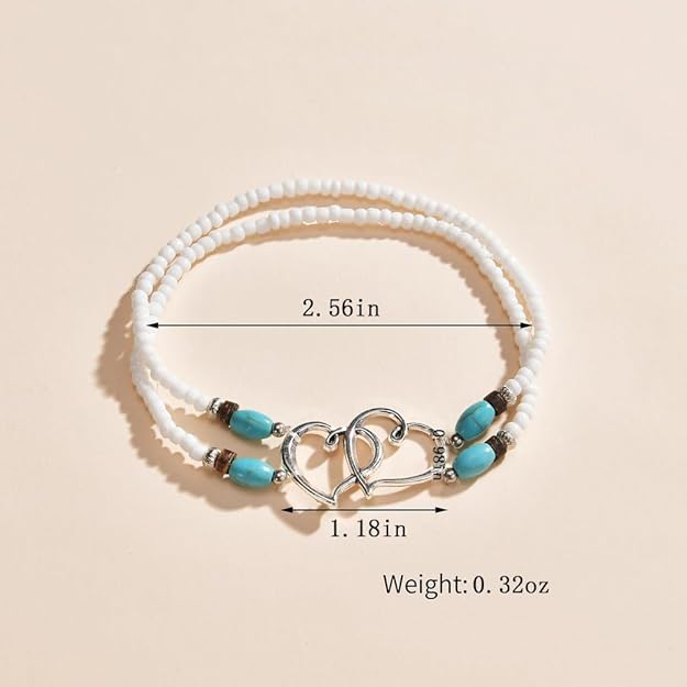 Beaded Ankle Bracelets for Women Waterproof, Boho Double Hollow Hearts Layered