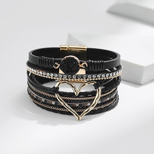 Leopard Bracelet for Women, Boho Leather Wrap Multi-Layer Pearl Crystal Bracelet