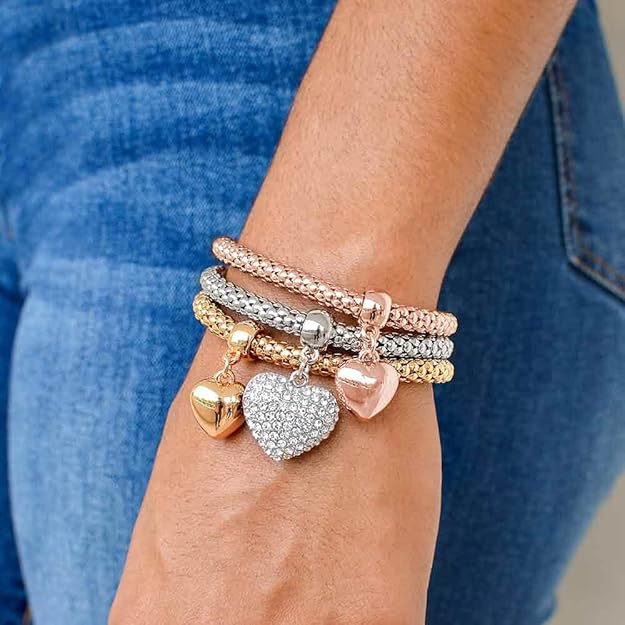 Bracelets - 3PCS Gold/Silver/Rose Gold Solid Hearts Charm