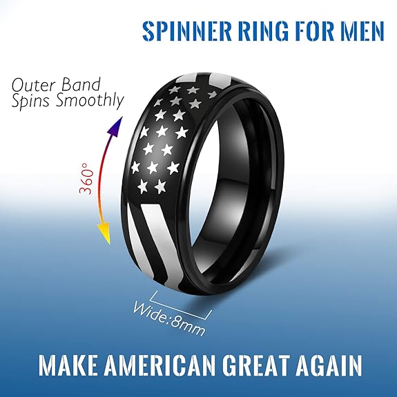 Anxiety Relief Men's Black American Flag Spinner Ring Jewelry Gift Size 6-14