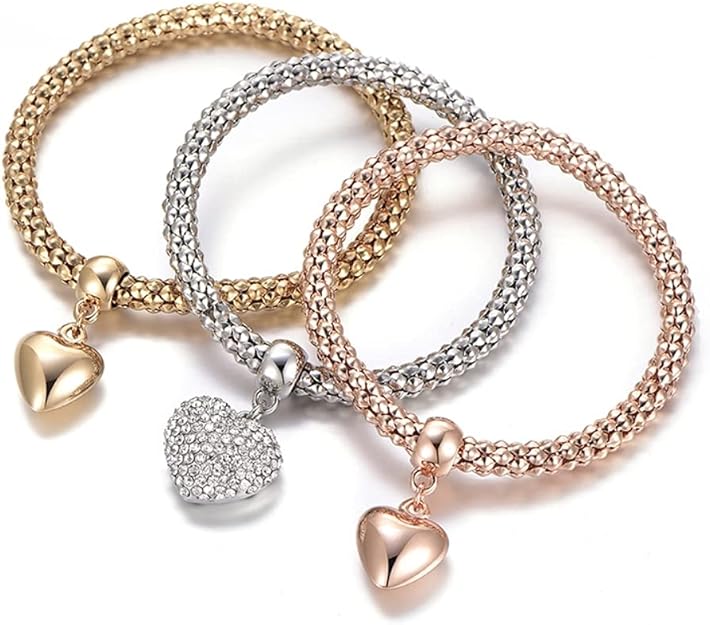 Bracelets - 3PCS Gold/Silver/Rose Gold Solid Hearts Charm