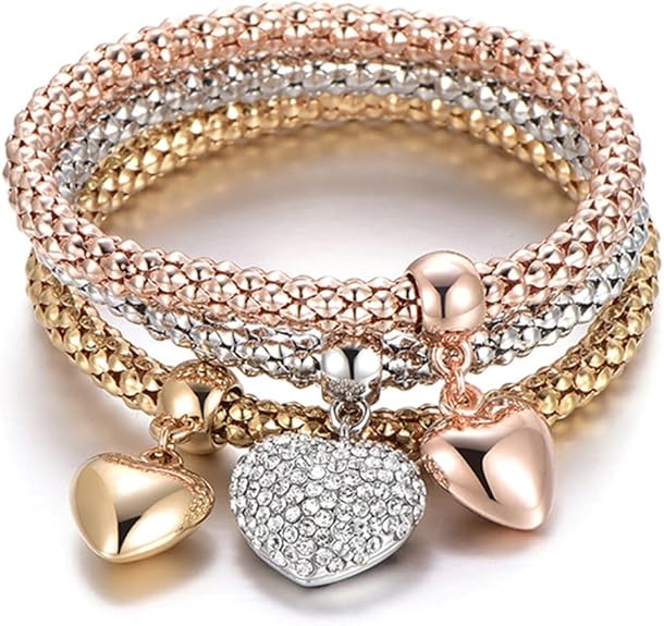 Bracelets - 3PCS Gold/Silver/Rose Gold Solid Hearts Charm