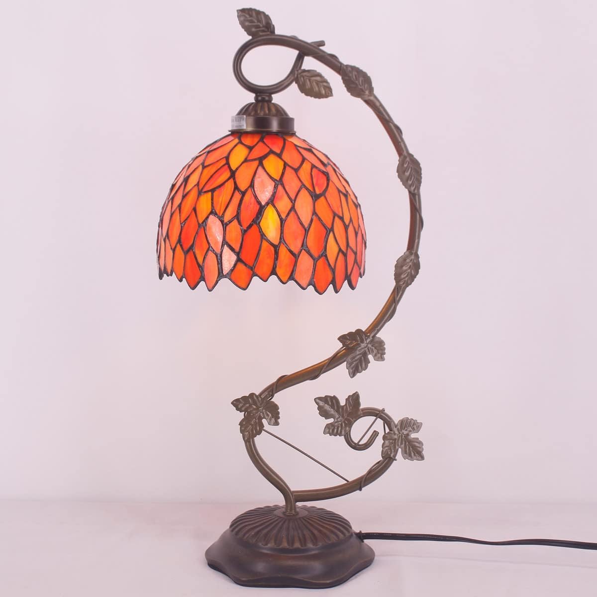 Tiffany Style Lamp Red Wisteria Stained Glass Table Lamp, Metal Leaf Base 21"