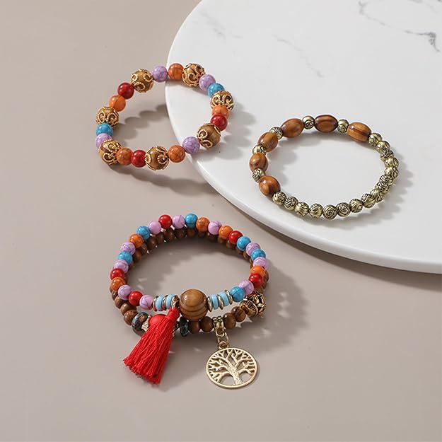 Handmade Bohemian Beaded Stretch Bracelet Set, Boho Crystal Jewelry