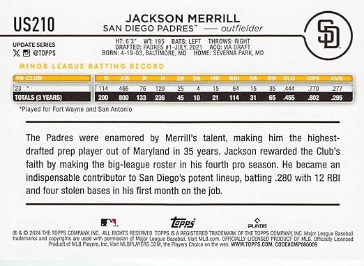 2024 Topps Update #US210 Jackson Merrill Rookie Card - BigGreenBear.com Baseball cards 1.15 USD Big Green Bear