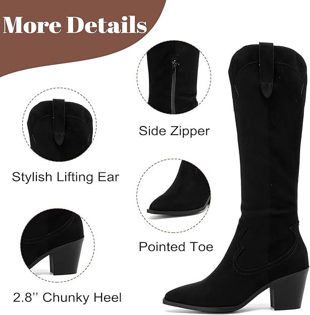 NEW Women's Black Knee High Boots Chunky Block Low Heel and Slouchy Pointed Toe - Big Green Bear 89.99 USD Big Green Bear