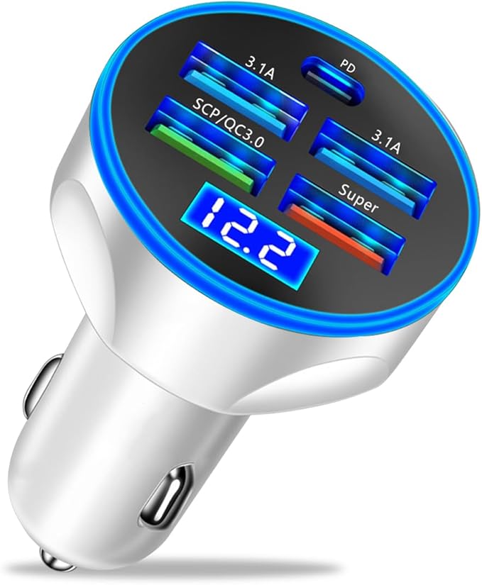 5 Port USB Car Charger, 250W Super Fast Charging Cigarette Lighter Adapter with LED Voltage Monitor - BigGreenBear.com cell phone 6.95 USD Big Green Bear