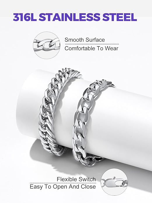 2PCS Stainless Steel Silver Cuban Rope Link Chain Bracelets for Men - BigGreenBear.com jewelry 29.99 USD Big Green Bear