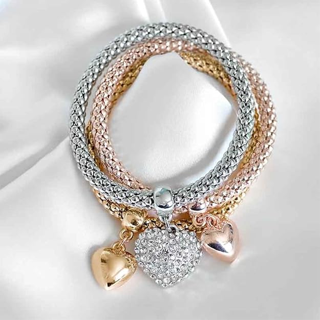 Bracelets - 3PCS Gold/Silver/Rose Gold Solid Hearts Charm
