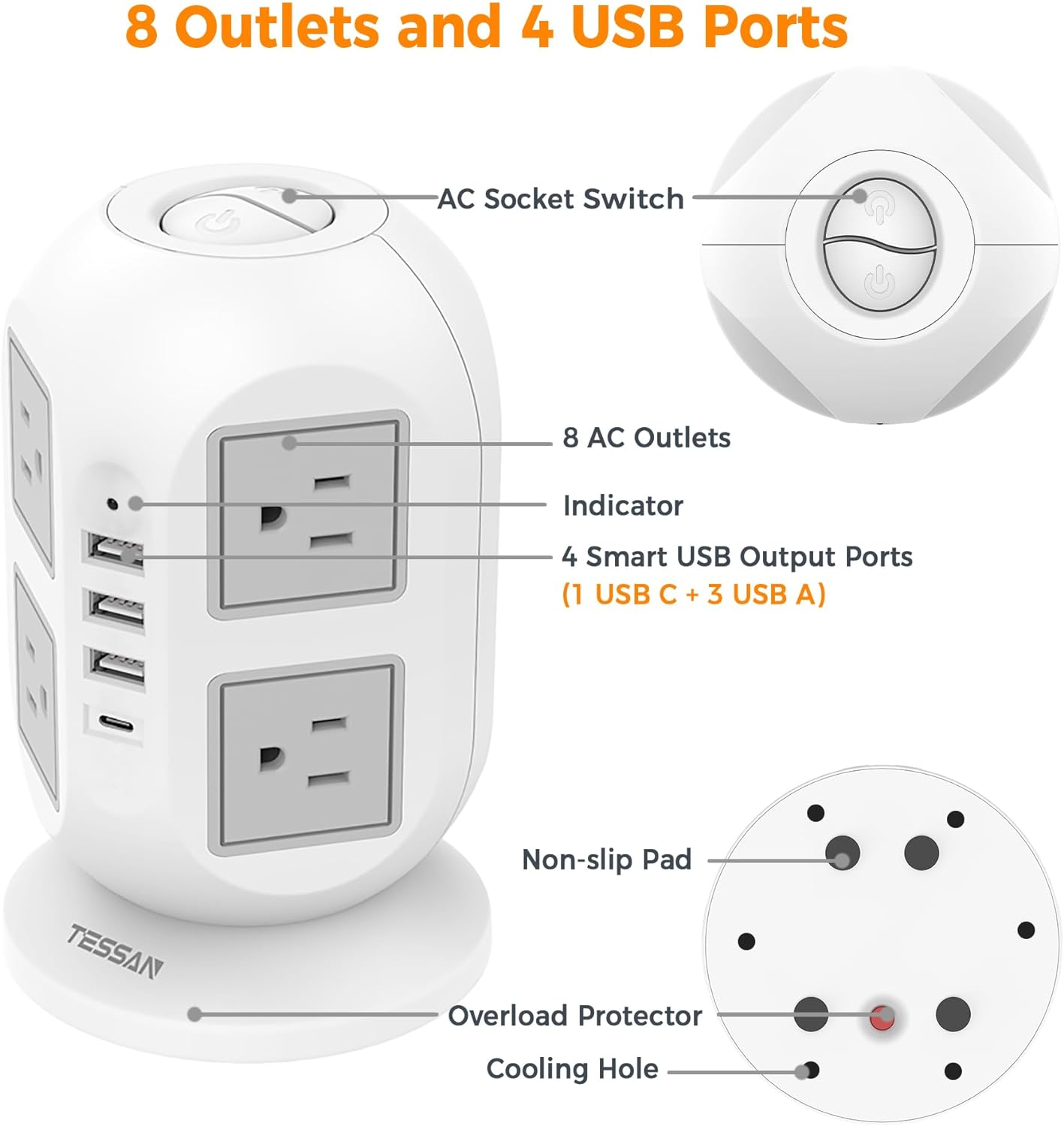 Tower Surge Protector Power Strip 10 ft, Multiple Outlets - BigGreenBear.com cell phone 29.95 USD Big Green Bear