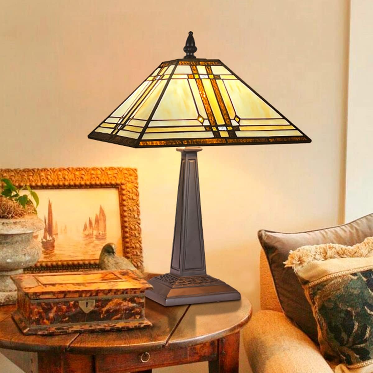 Tiffany Lamp Handcrafted Stained Glass Table Lamp 19" High Cream Color - BigGreenBear.com table lamp 149.89 USD Big Green Bear