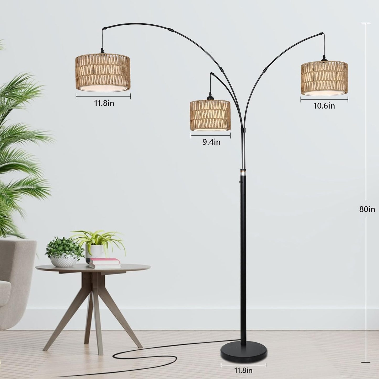 Black Arc Floor Lamps - Dimmable Tall Lamp with Rattan Shades 80" High - BigGreenBear.com Lighting 179.89 USD Big Green Bear