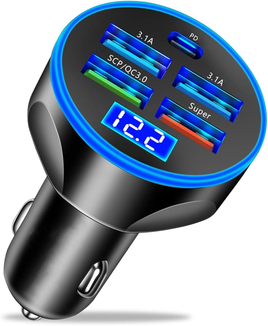 5 Port USB Car Charger, 250W Super Fast Charging Cigarette Lighter Adapter with LED Voltage Monitor - BigGreenBear.com cell phone 6.95 USD Big Green Bear