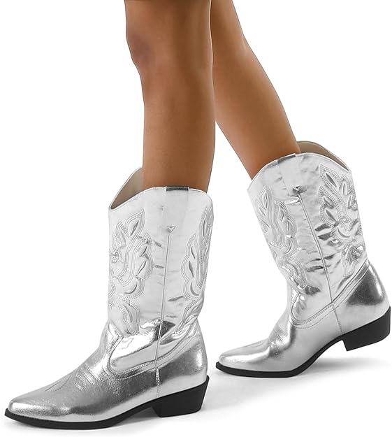 Women's Western Cowboy Boots Embroidered Mid-Calf Pointed Toe Cowgirl Boot-Silver - BigGreenBear.com clothing 49.99