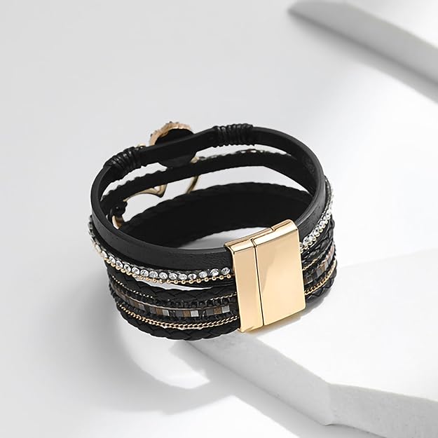 Leopard Bracelet for Women, Boho Leather Wrap Multi-Layer Pearl Crystal Bracelet