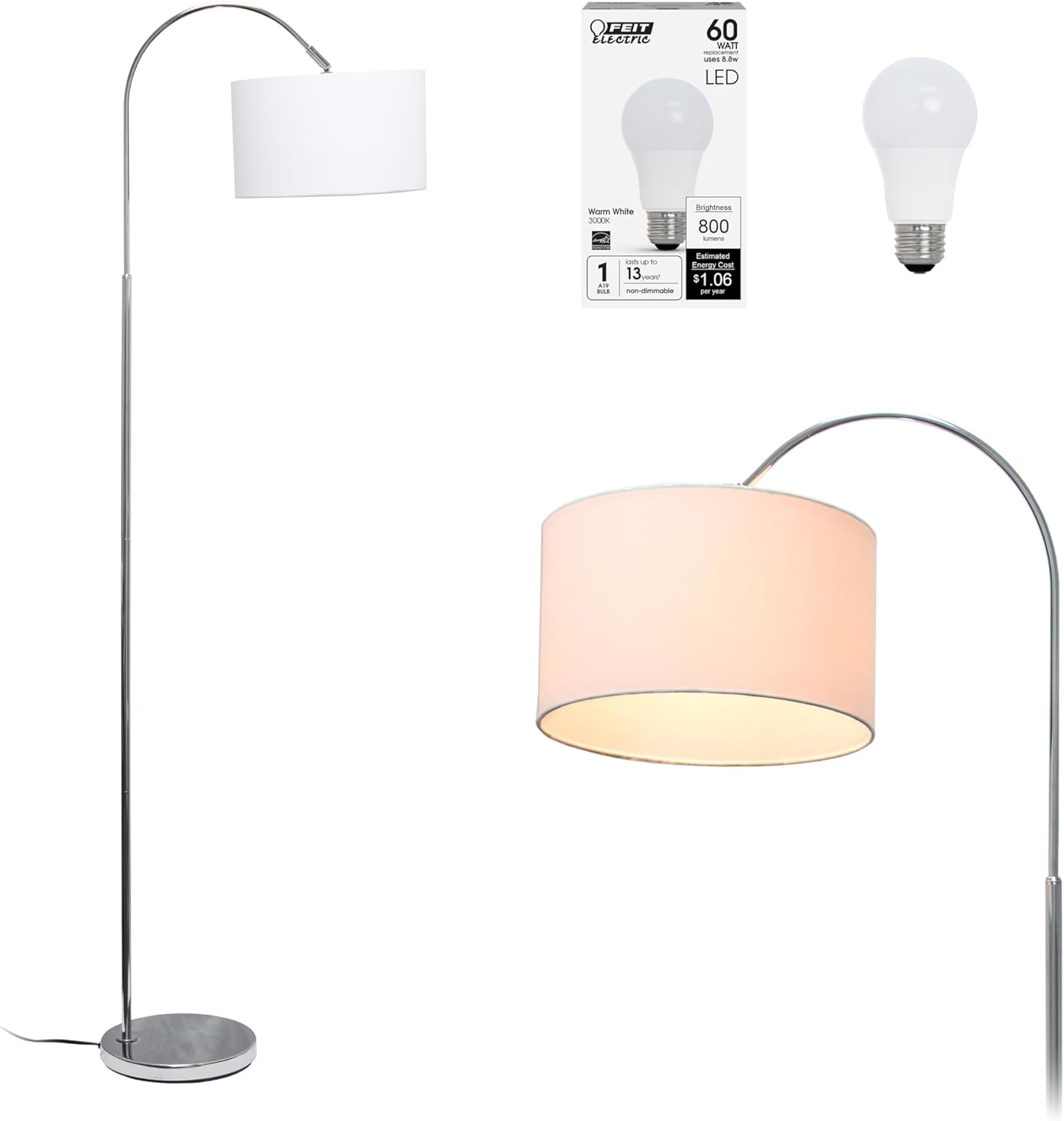 Brushed Nickel Arched Floor Lamp with White Shade for Living Room, Hallway, Entryway