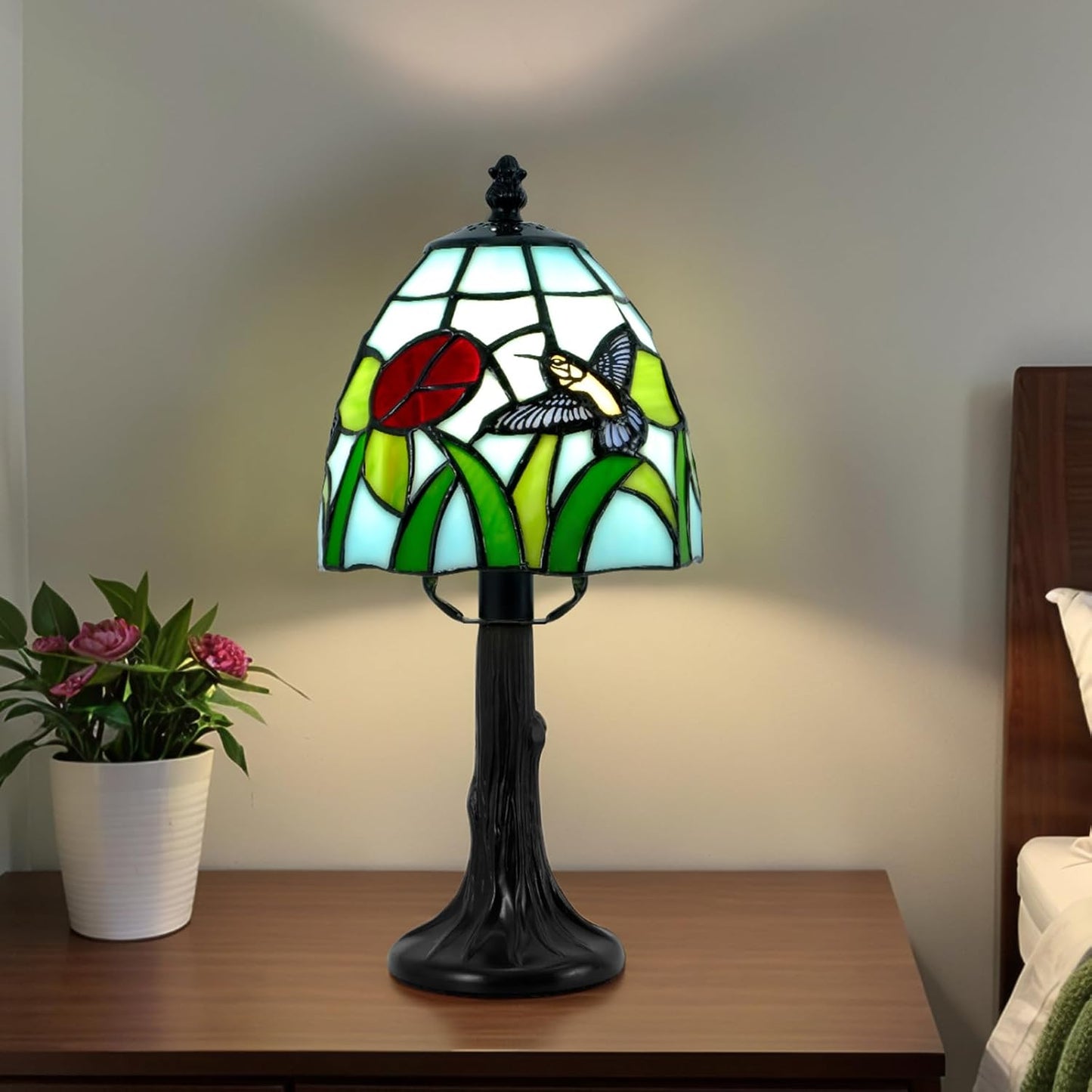 Handcrafted Stained Glass Table Lamp with Hummingbird & Flower, Vintage Tiffany - BigGreenBear.com table lamp 79.99
