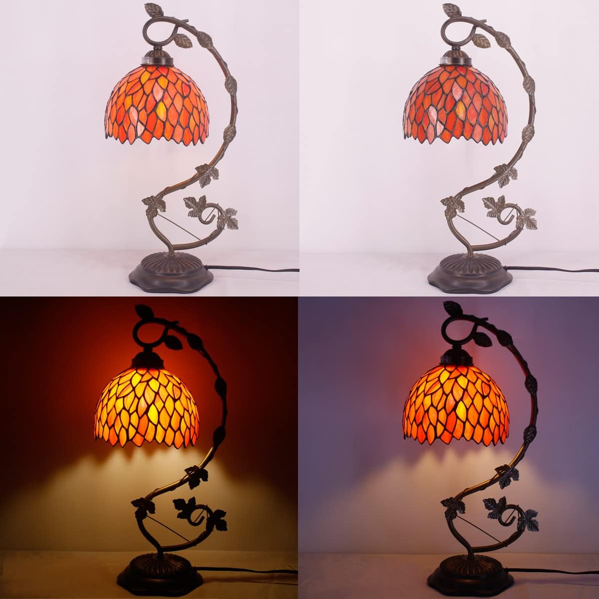 Tiffany Style Lamp Red Wisteria Stained Glass Table Lamp, Metal Leaf Base 21"