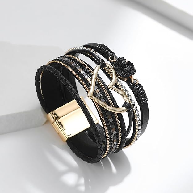 Leopard Bracelet for Women, Boho Leather Wrap Multi-Layer Pearl Crystal Bracelet