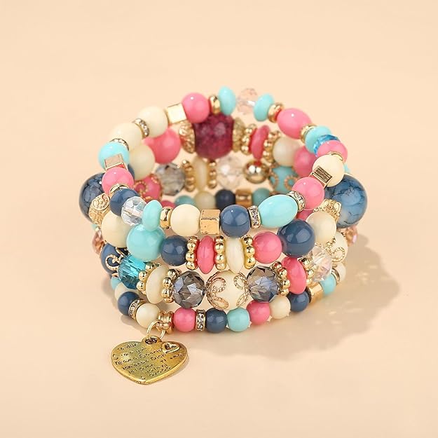 Handmade Bohemian Beaded Stretch Bracelet Set, Boho Crystal Jewelry