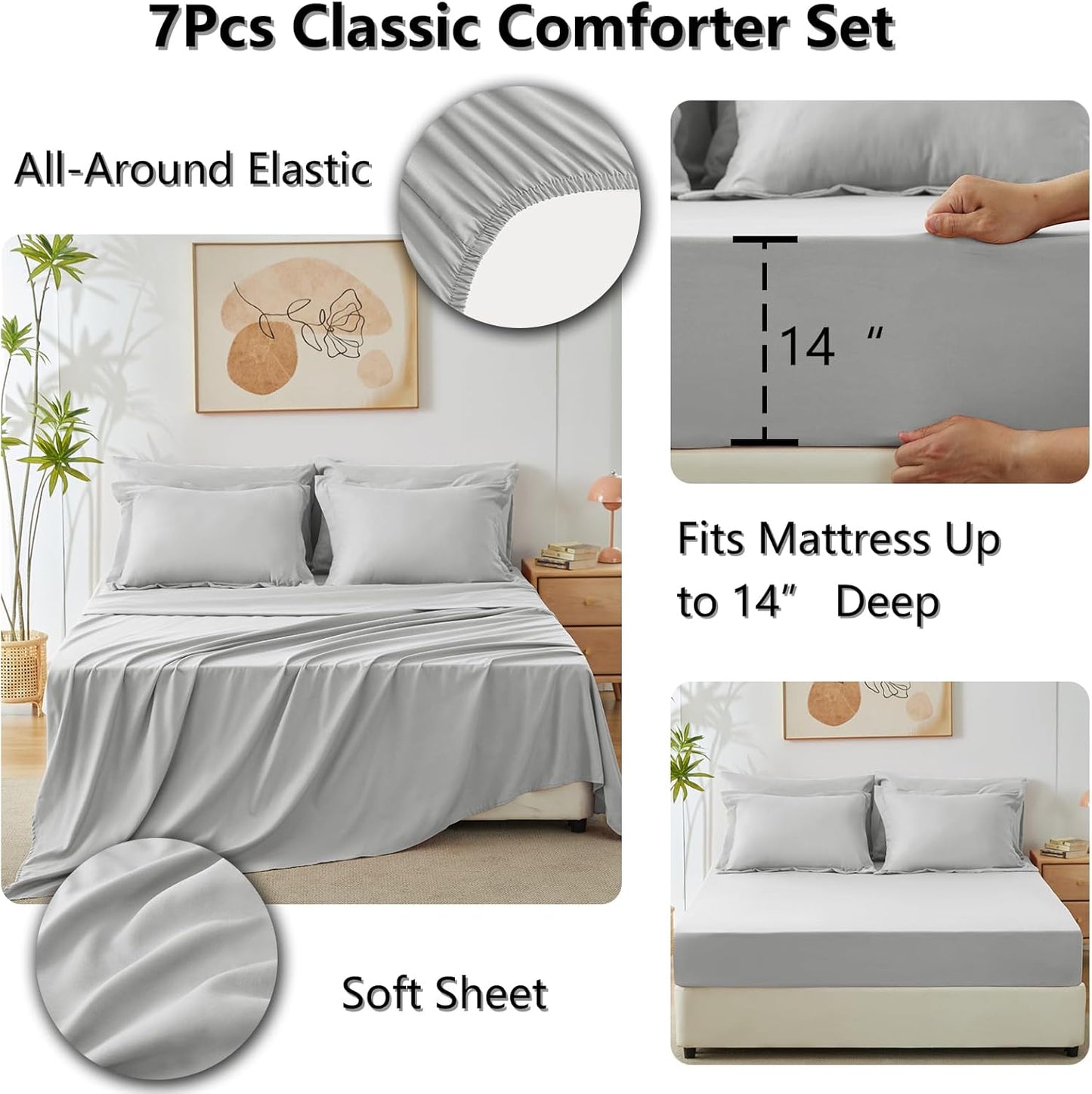 7 Pieces, Queen Luxury Soft Bed Set for All Seasons, Bedding Set-Light Grey - BigGreenBear.com bedding 69.00 USD Big Green Bear