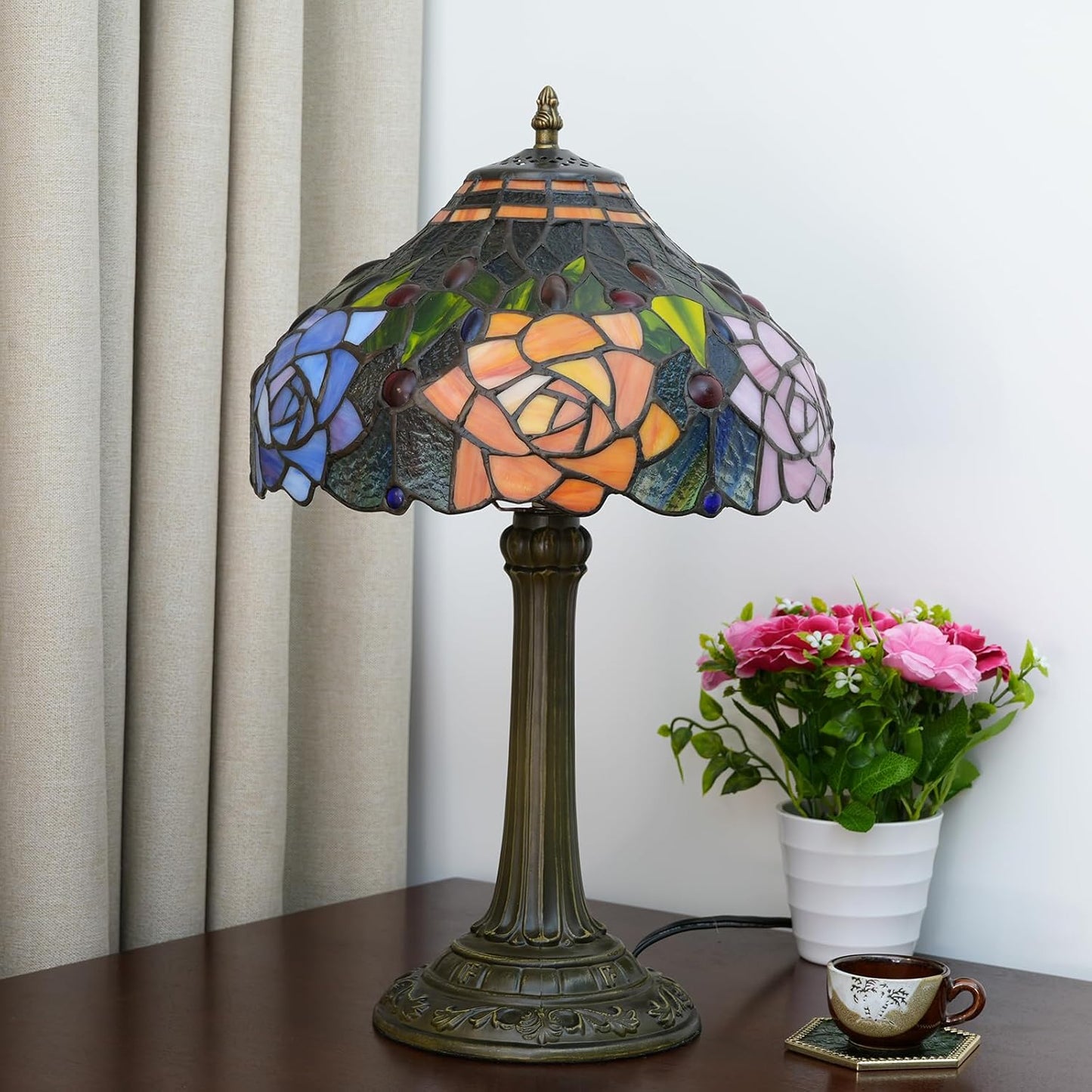 Tiffany Style Stained Glass Lamp Red Orange Purple Pink Rose Table Lamp 19"