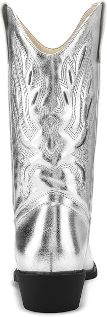 Women's Western Cowboy Boots Embroidered Mid-Calf Pointed Toe Cowgirl Boot-Silver - BigGreenBear.com clothing 49.99