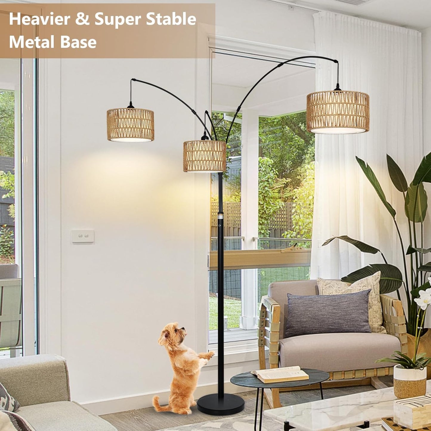 Black Arc Floor Lamps - Dimmable Tall Lamp with Rattan Shades 80" High - BigGreenBear.com Lighting 179.89 USD Big Green Bear