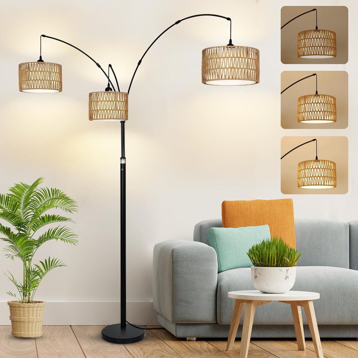 Black Arc Floor Lamps - Dimmable Tall Lamp with Rattan Shades 80" High - BigGreenBear.com Lighting 179.89 USD Big Green Bear