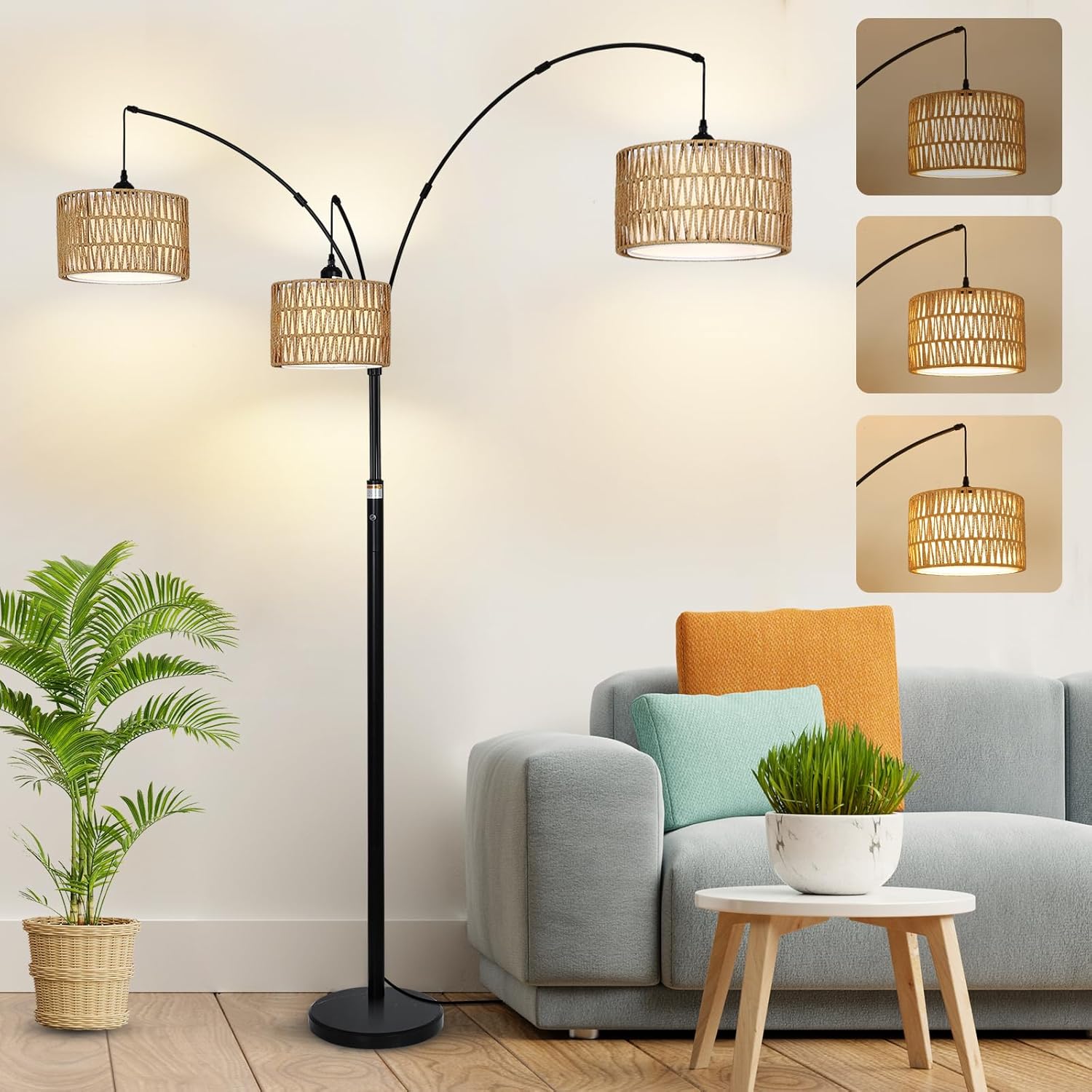 Black Arc Floor Lamps - Dimmable Tall Lamp with Rattan Shades 80" High -  BigGreenBear.com Lighting 179.89 USD Big Green Bear