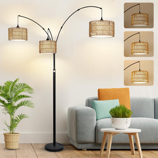 Black Arc Floor Lamps - Dimmable Tall Lamp with Rattan Shades 80" High -  BigGreenBear.com Lighting 179.89 USD Big Green Bear