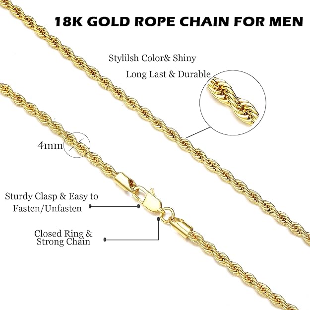 NEW! Men's 4mm 18K Real Gold Plated Stainless Steel Rope Chain Necklace Jewelry - BigGreenBear.com jewelry 9.99 USD Big Green Bear