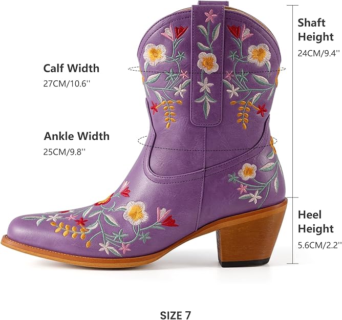 Cowgirl Boots Floral Snip Square Toe Western Cowboy Boots Chunky Heel Pull On Short Boots