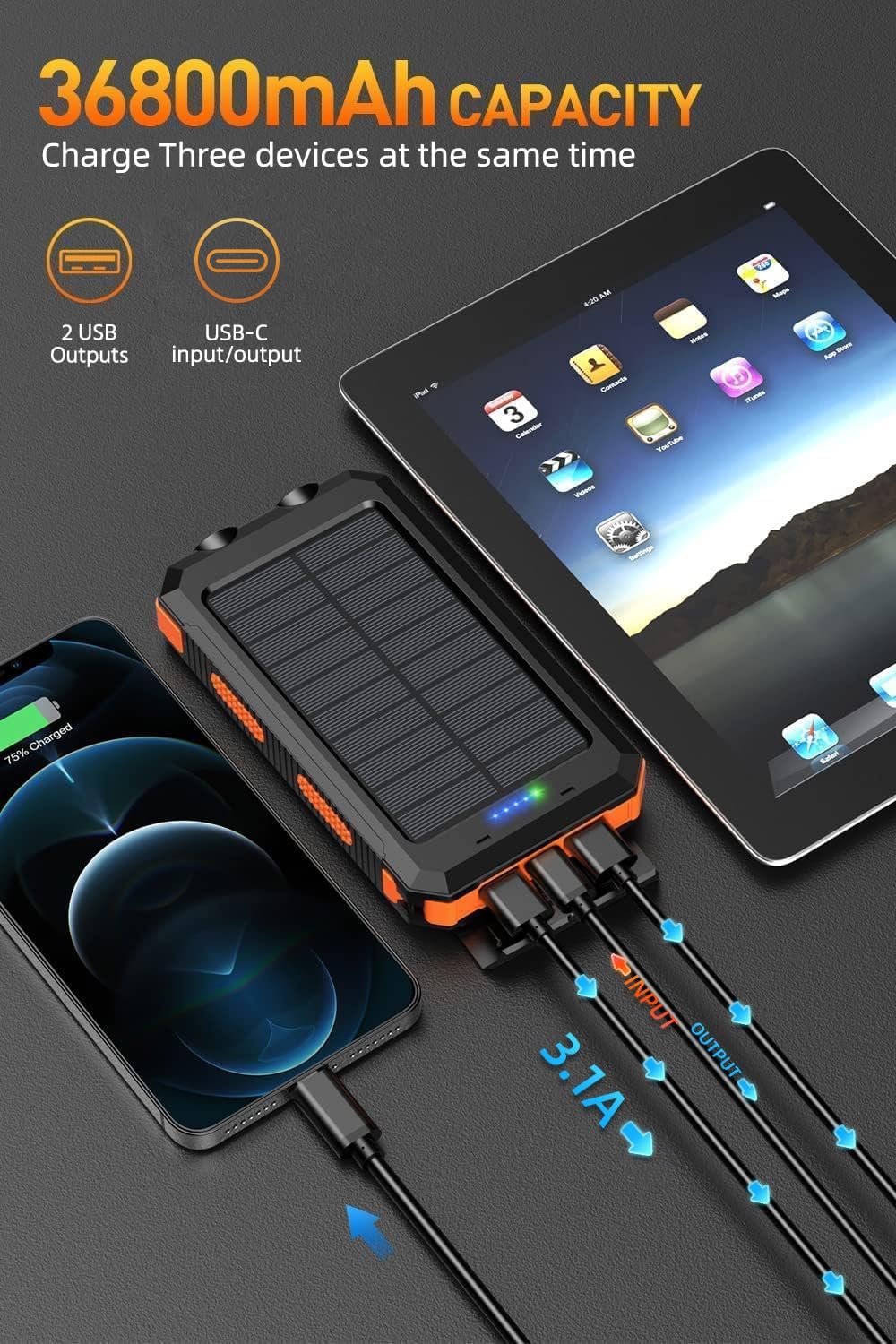 Power Bank, Solar Charger,36800mAh 5V3.1A QC 3.0 Dual 2 USB Port - BigGreenBear.com cell phone 18.99 USD Big Green Bear