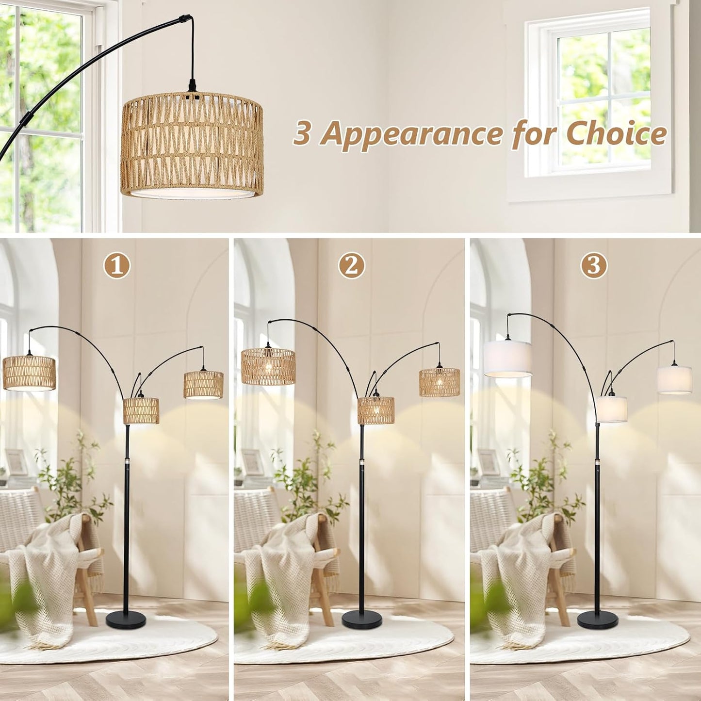 Black Arc Floor Lamps - Dimmable Tall Lamp with Rattan Shades 80" High - BigGreenBear.com Lighting 179.89 USD Big Green Bear