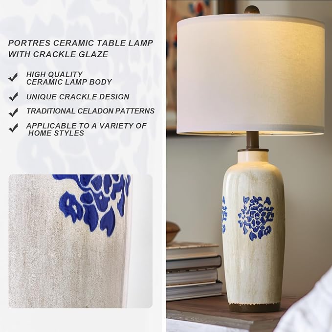 NEW! 24.75" Modern Ceramic Table Lamp for Bedroom Bedside Lamps Blue and White