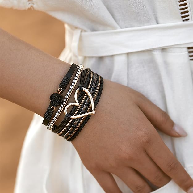 Leopard Bracelet for Women, Boho Leather Wrap Multi-Layer Pearl Crystal Bracelet