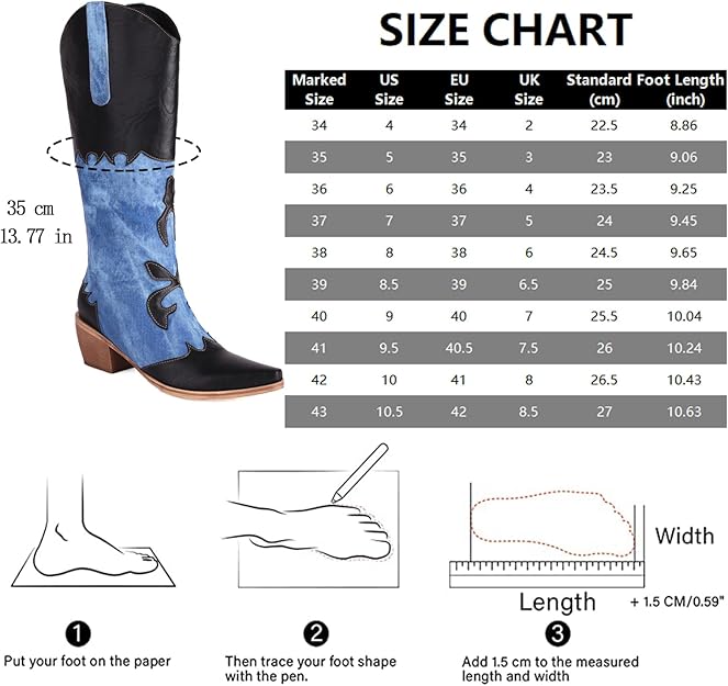 Women Denim Cowboy Boots Patchwork Knee High Boots Colorblock Western Cowgirl - BigGreenBear.com boots 79.99 USD Big Green Bear