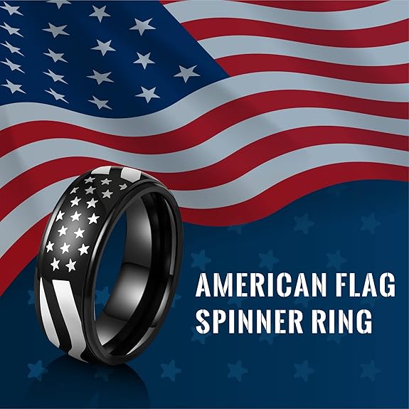 Anxiety Relief Men's Black American Flag Spinner Ring Jewelry Gift Size 6-14
