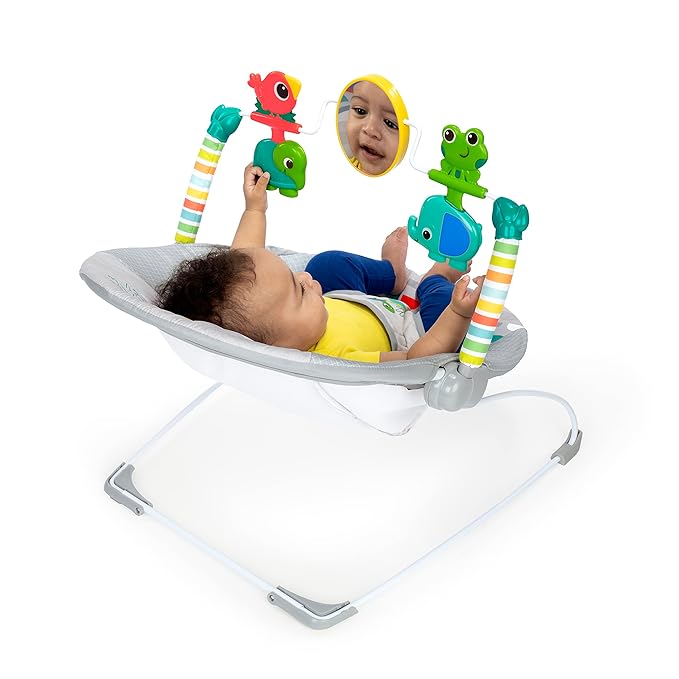 Cute Playful Paradise Comfy Baby Bouncer Seat with Soothing Vibration and Toys
