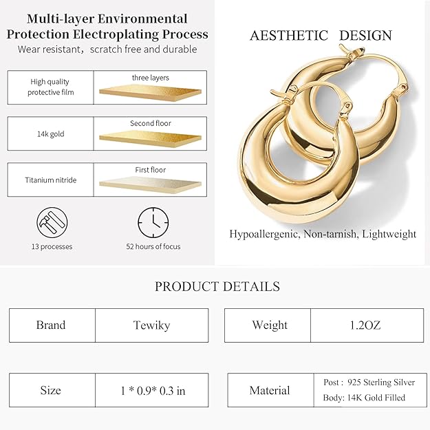 Chunky Gold Hoop Earrings for Women, 14k Gold Plated Thick Triple Hoop Earrings