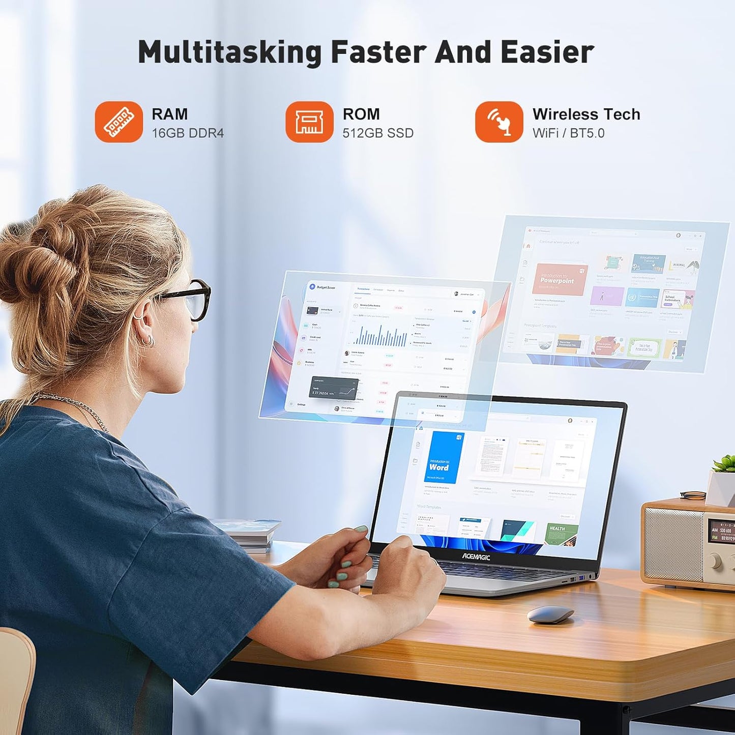 ACEMAGIC 15.6" Ultra Slim Laptop 16GB RAM 512GB SSD Intel N97 Notebook Gamer 1920*1080 Display Office Study Computer Windows 11