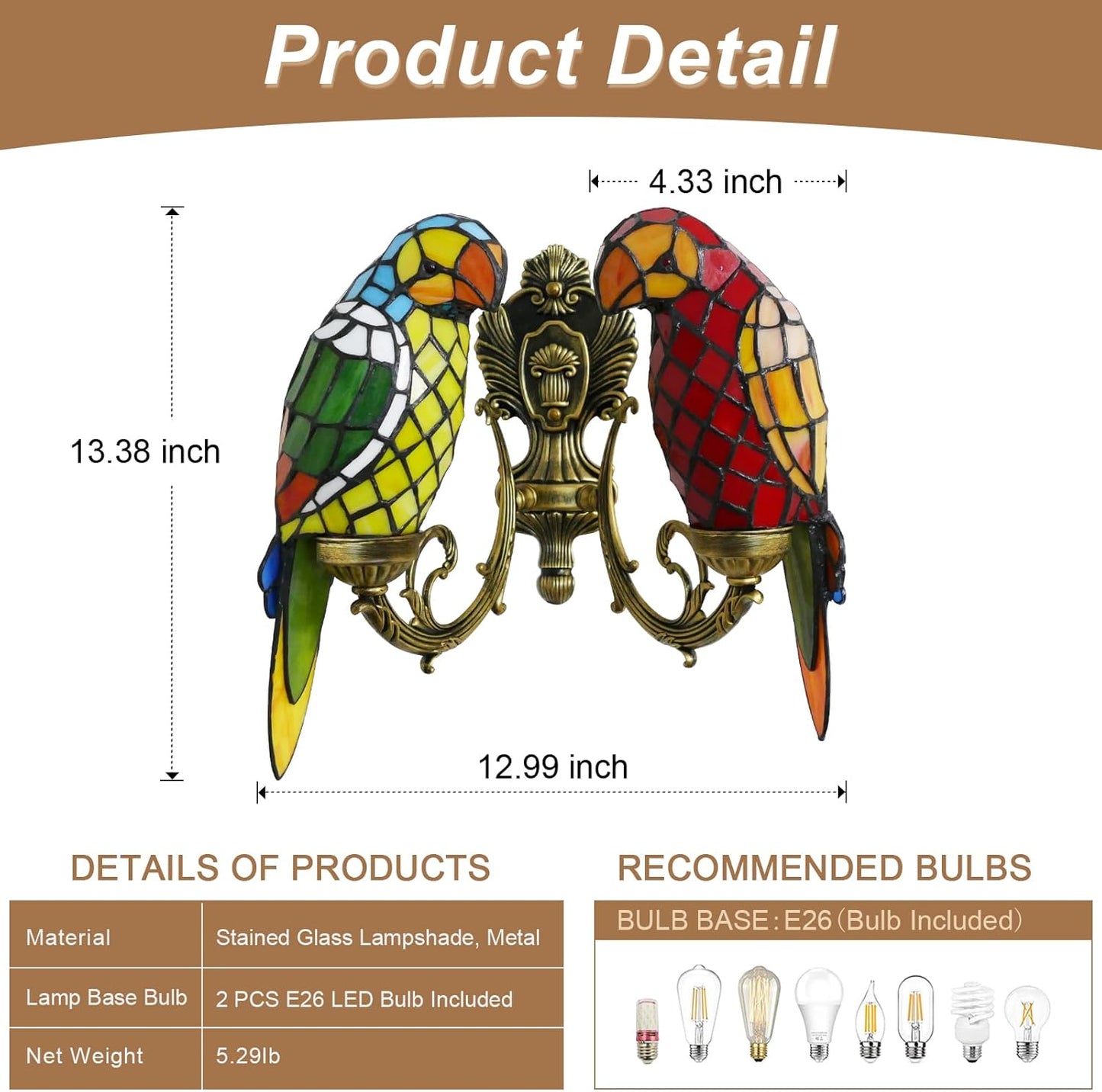 Tiffany Style Parrot Wall Sconce 2 Lights Handmade Stained Glass Wall Light - BigGreenBear.com table lamp 139.99 USD Big Green Bear