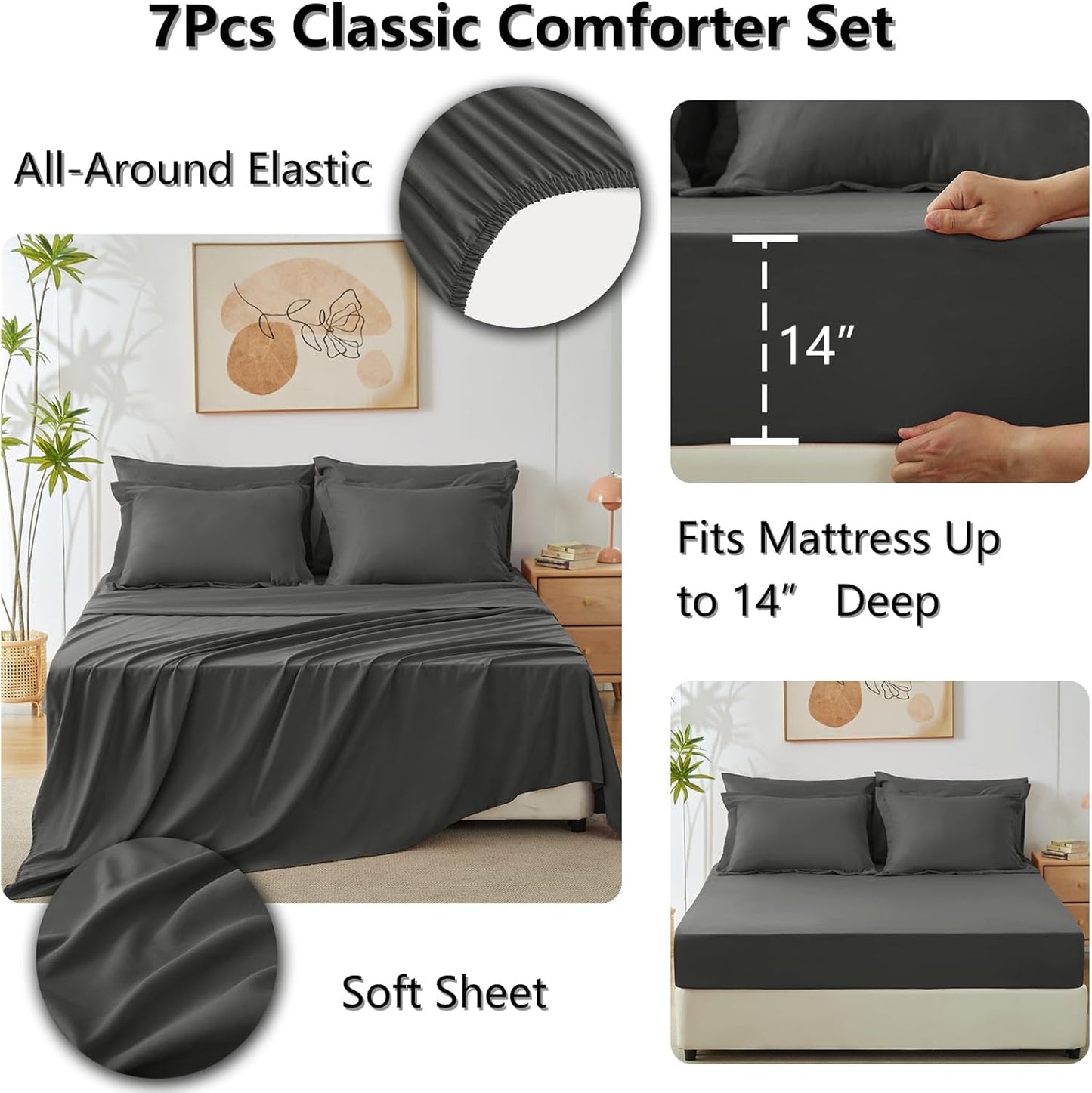 7 Pieces, Luxury Soft Bed Set for All Seasons, Bedding Set with Down Alternative Comforter, Sheets, Pillowcases & Shams - BigGreenBear.com bedding 49.99 USD Big Green Bear