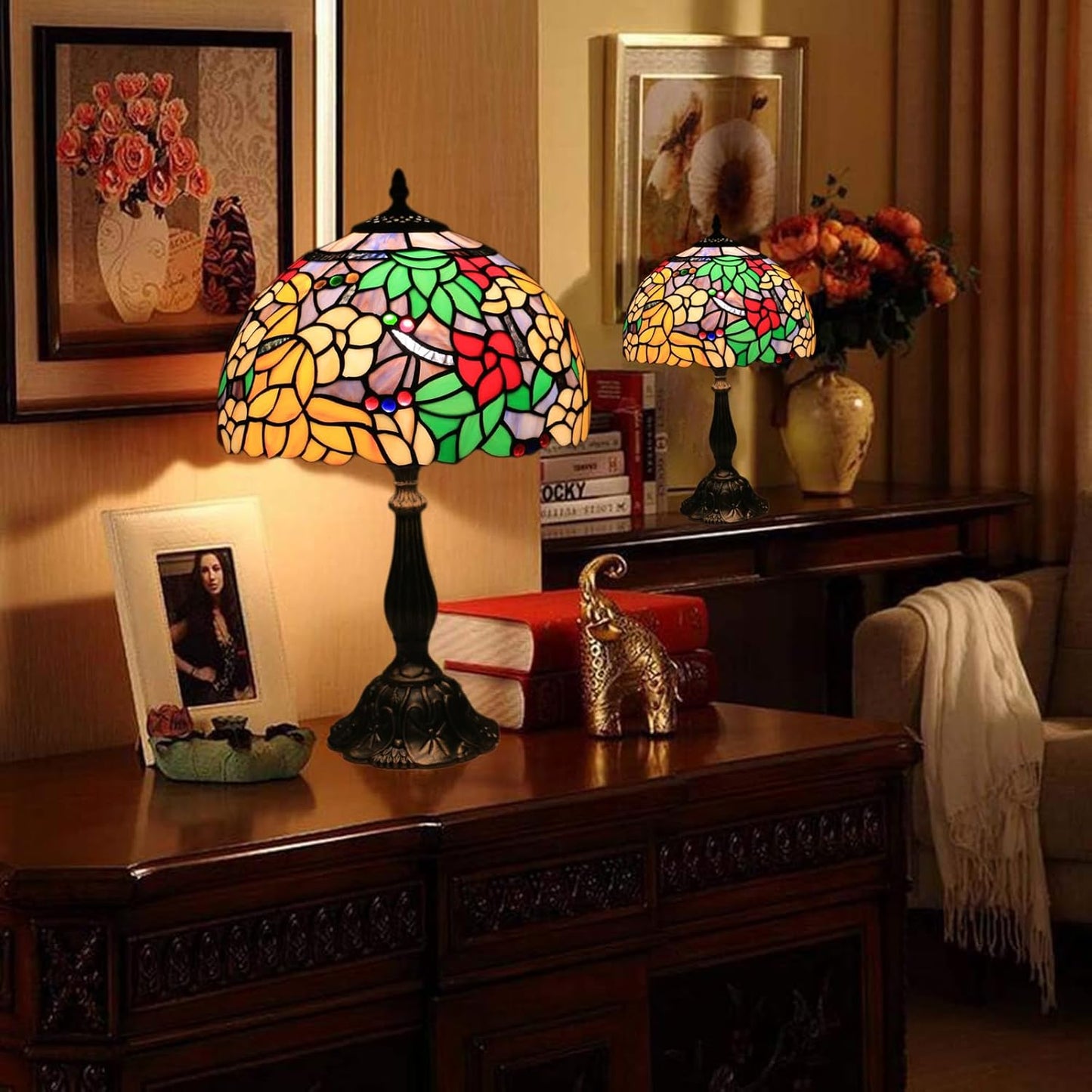 Tiffany Style Table Lamp Camellia Flower Handcrafted Stained Glass Lamp