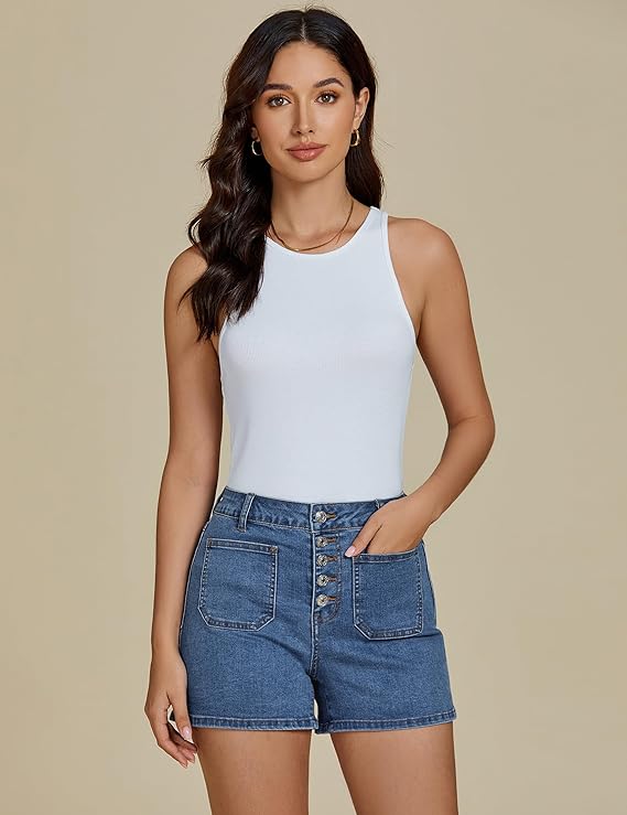 Jean Shorts Women's High Waisted Trendy Button Fly Patch Pocket Side Split