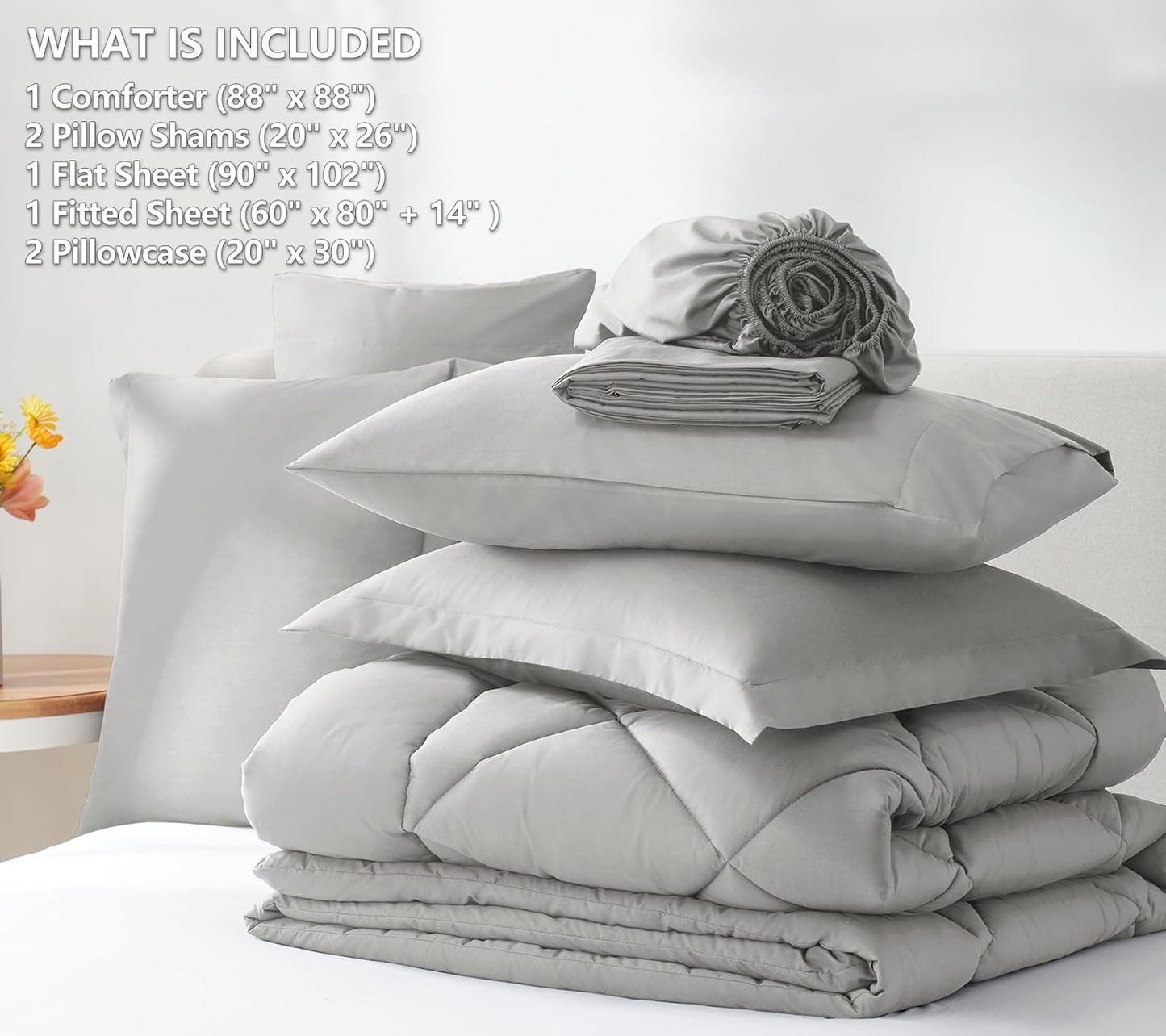 7 Pieces, Queen Luxury Soft Bed Set for All Seasons, Bedding Set-Light Grey