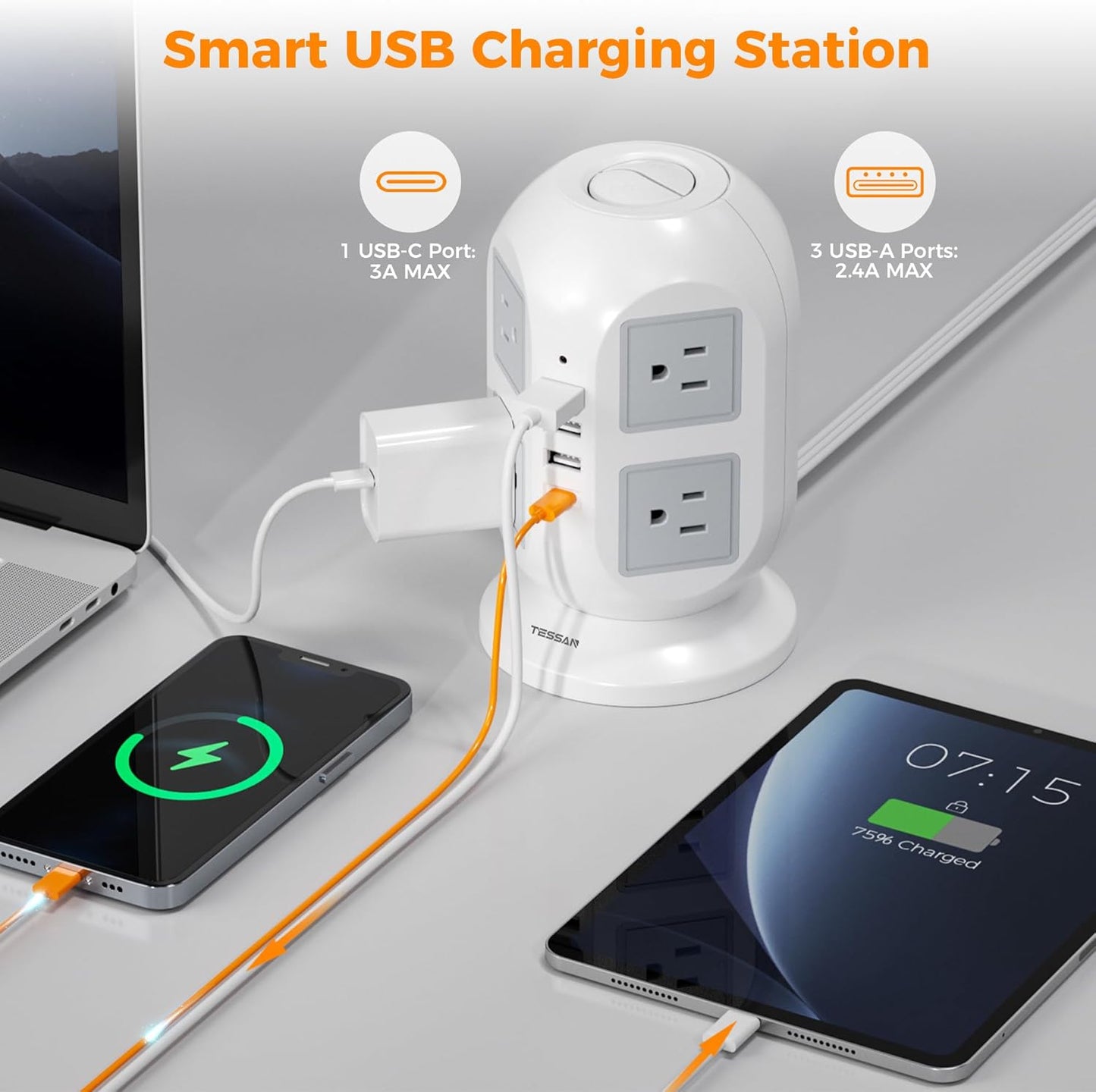 Tower Surge Protector Power Strip 10 ft, Multiple Outlets - BigGreenBear.com cell phone 29.95 USD Big Green Bear